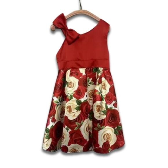 NSSMWTTC Satin Dress Floral Pattern Back Zip Closure Bow Accent Red Girl's AU7 - Picture 1 of 6